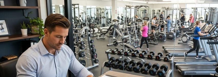 Gym owner reviewing equipment leasing options with commercial fitness floor visible in background