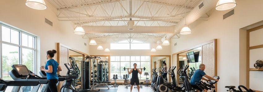 Gym members using fitness equipment at a modern wellness center with leased equipment