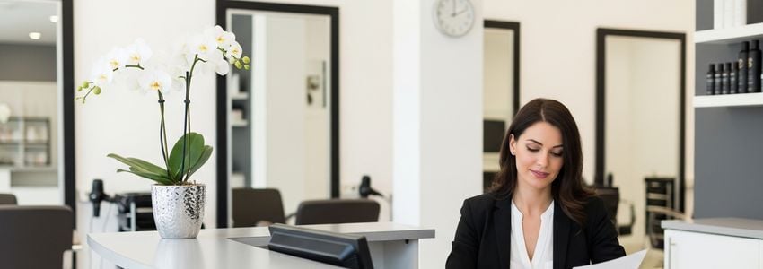 Hair salon owner reviewing financing options at salon reception desk