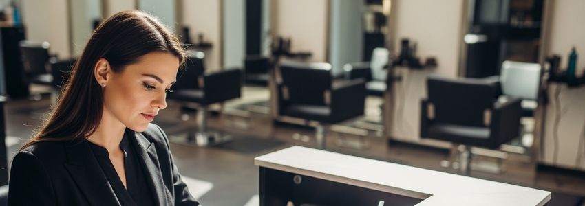 Hair salon owner reviewing equipment financing options at her salon reception desk