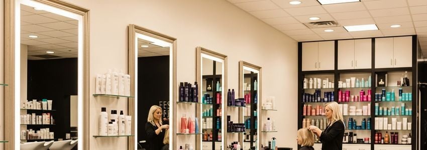 Professional hair stylists working at styling stations in a modern hair salon