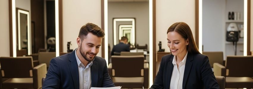 Two business professionals reviewing hair salon franchise financing documents inside a professional salon environment