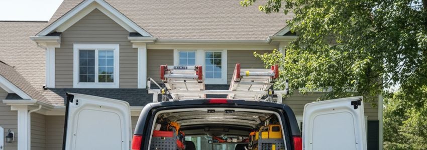 Professional handyman service van with tools and ladders parked outside a residential home