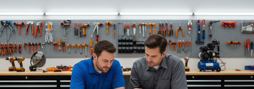 Professional handyman franchise business owner reviewing documents with tools and equipment in a bright workshop