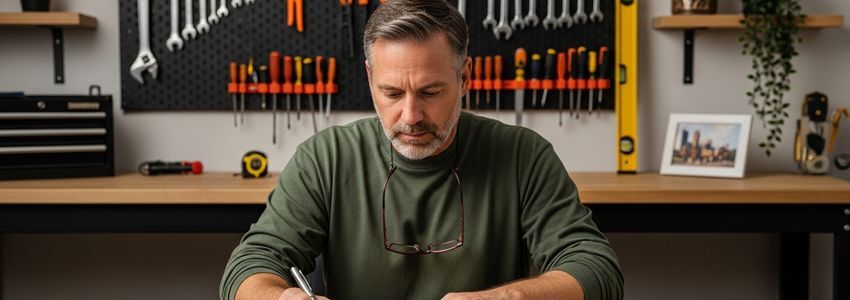 Handyman franchise owner reviewing business loan documents in a well-equipped workshop