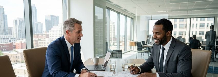 Commercial real estate investor reviewing hard money loan documents at office desk