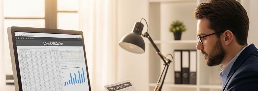 Business professional reviewing hard money lender startup financing documents at office desk