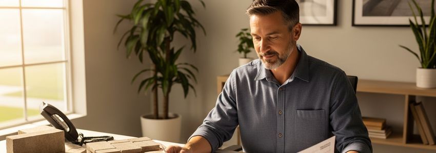 Hardscape business owner reviewing financing documents with stone paver samples on desk