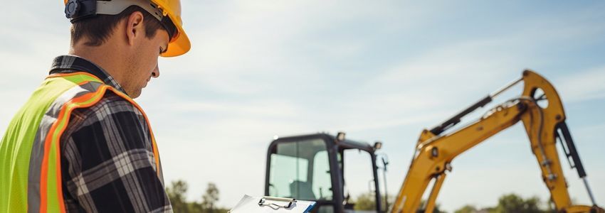 Landscaping contractor reviewing hardscaping equipment financing options at a job site