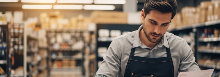 Hardware store owner reviewing financing documents at their store