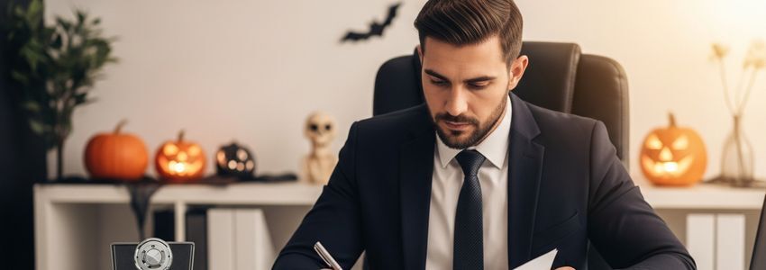 Business owner reviewing haunted house financing documents at a professional office with Halloween decor