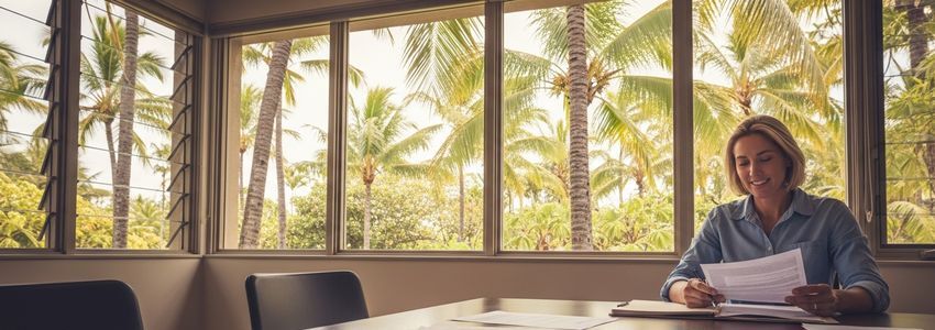 Hawaii small business owner reviewing financing documents in a tropical office setting