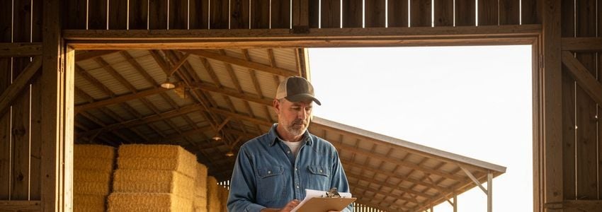 Farm owner reviewing hay baler financing documents on a clipboard in a barn setting with hay bales visible in the background