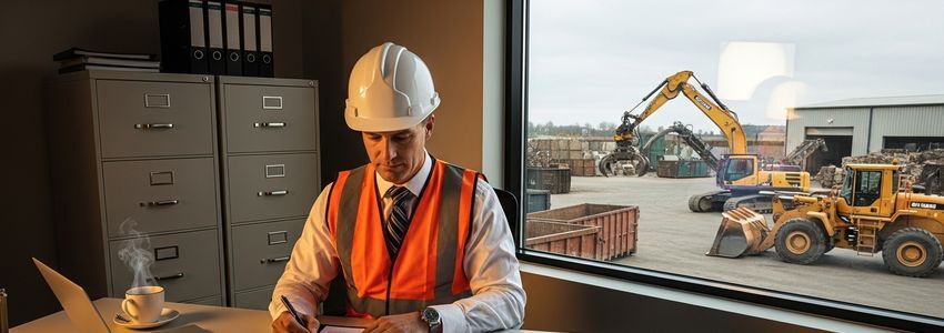 Hazardous waste disposal business owner reviewing loan financing options in industrial office