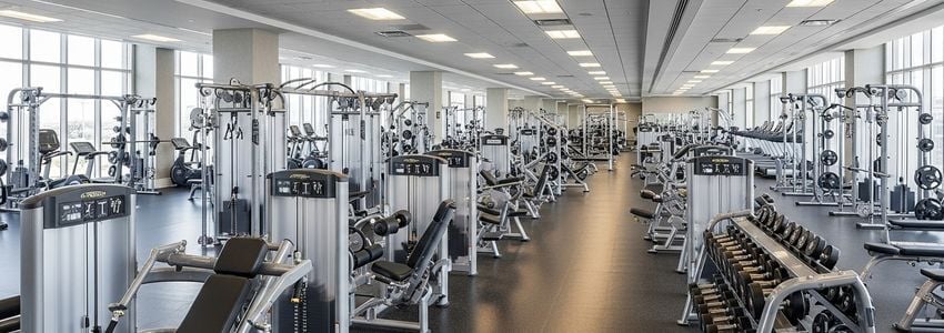 Health club owner reviewing equipment financing documents at a modern gym facility