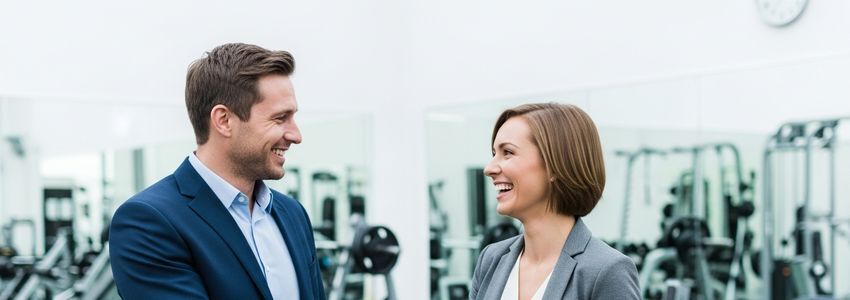 Health club owners discussing financing options in a modern gym facility