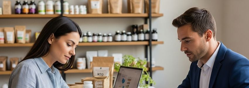 Health food store owner reviewing business financing documents with organic products on shelves in background