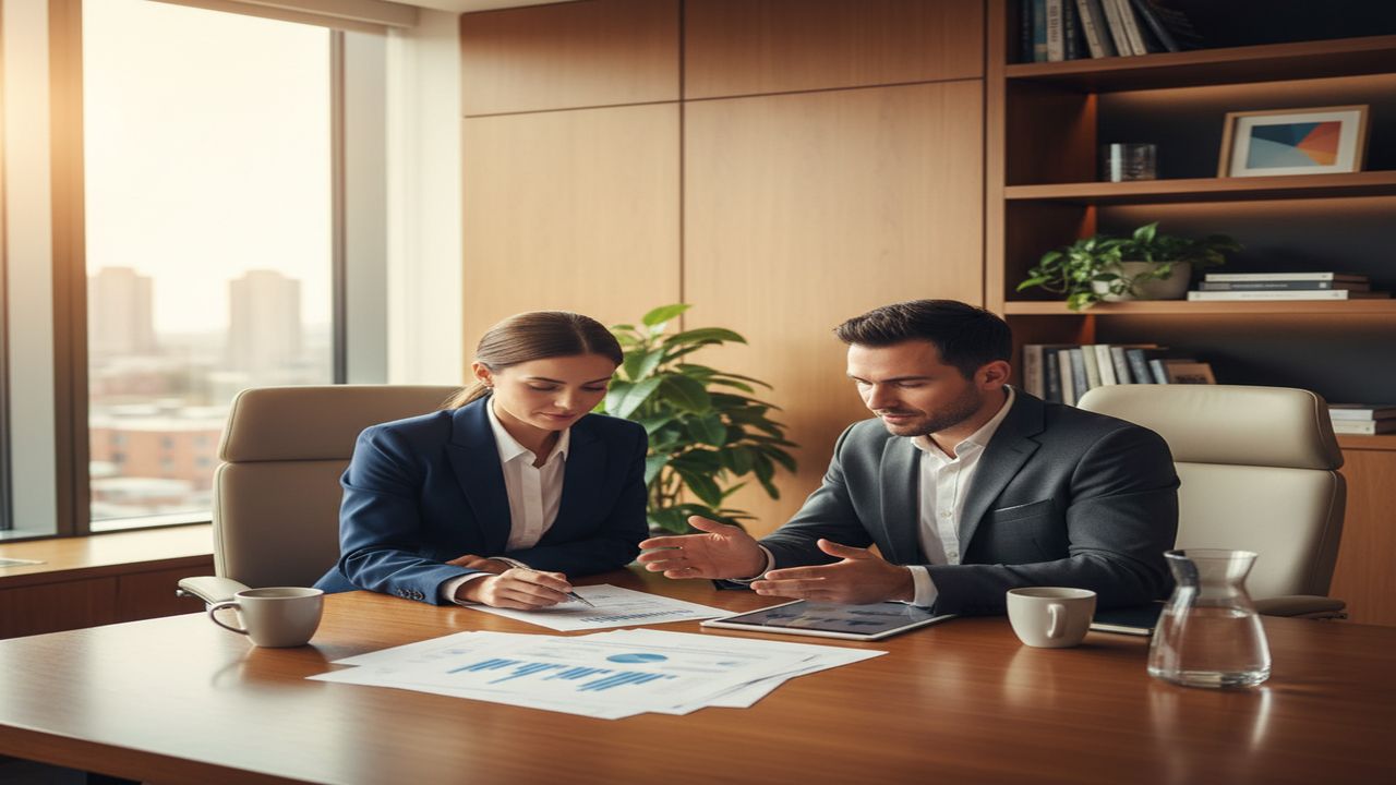 Doctor and financial advisor reviewing healthcare financing documents in a professional office
