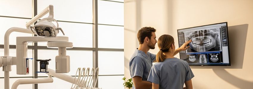 Dental professionals reviewing digital X-rays with state-of-the-art diagnostic equipment in a modern healthcare clinic