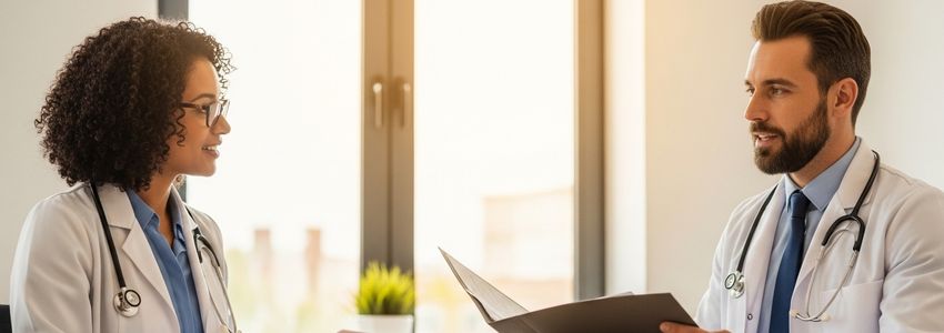 Healthcare administrator reviewing medical invoices and accounts receivable at a modern medical office
