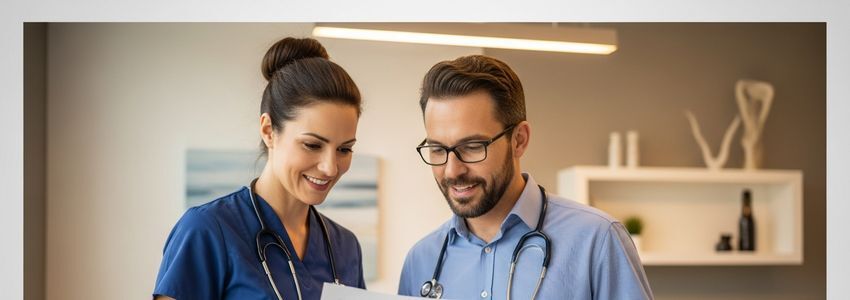 Healthcare provider and financial advisor reviewing loan repayment documents at a modern medical office