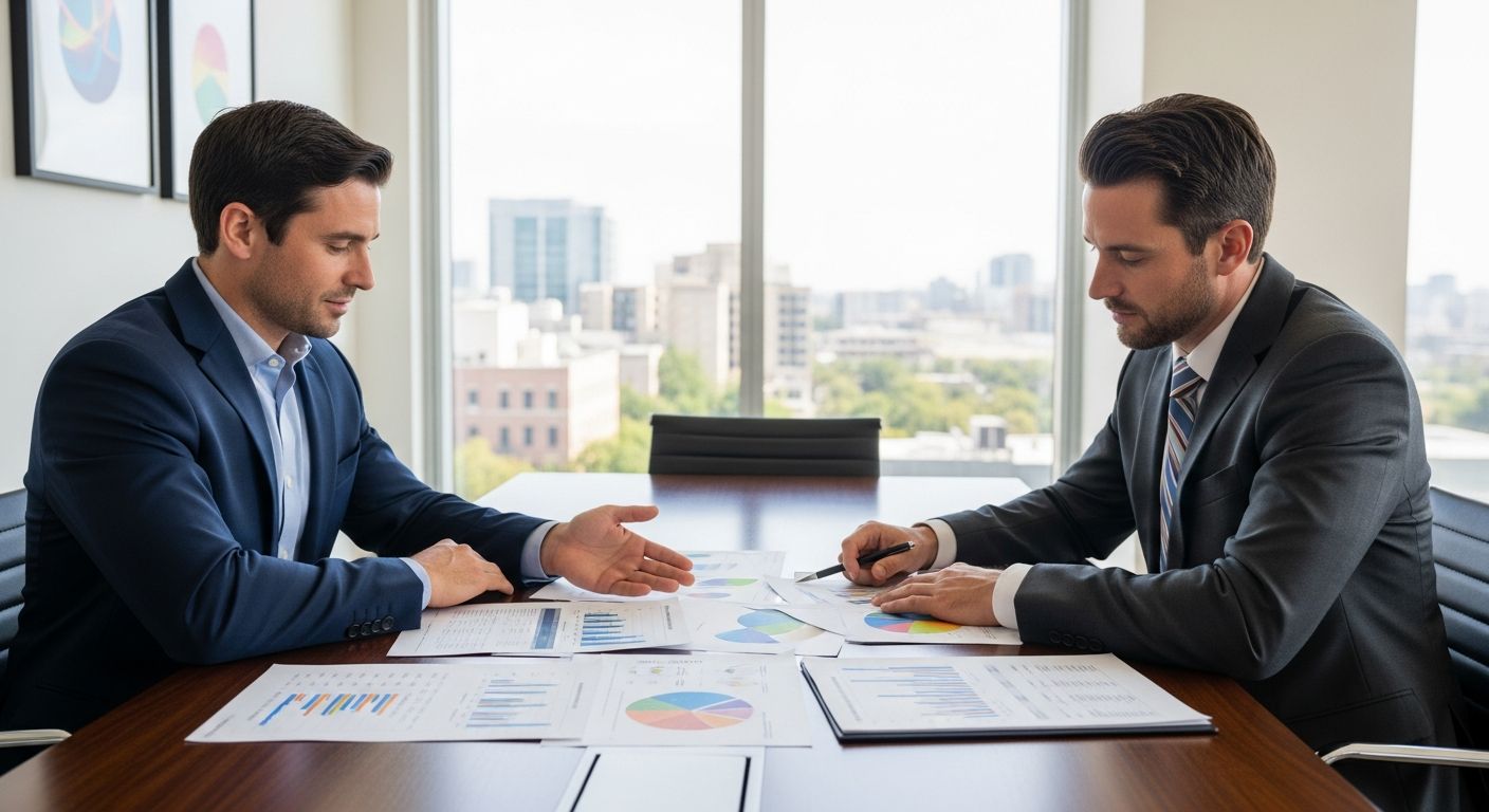 Financial advisor and small business owner reviewing debt ratio documents at a conference table