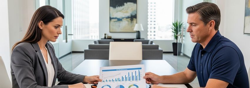 Financial advisor presenting debt ratio benchmarks to business owner