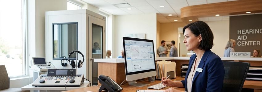 Audiologist reviewing hearing center diagnostic data at a modern audiology clinic