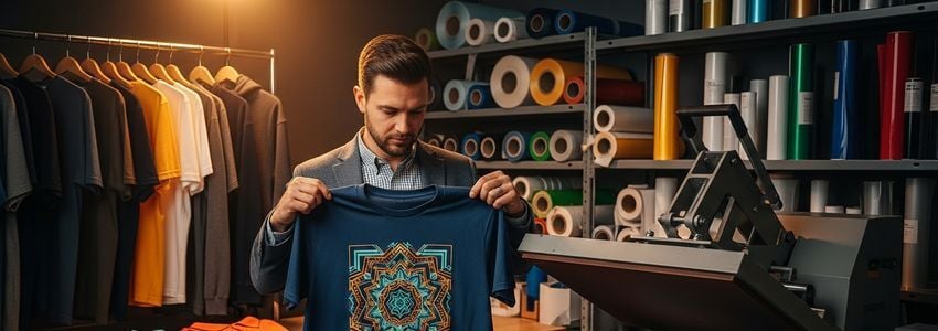 Custom apparel business owner with commercial heat press equipment for financing