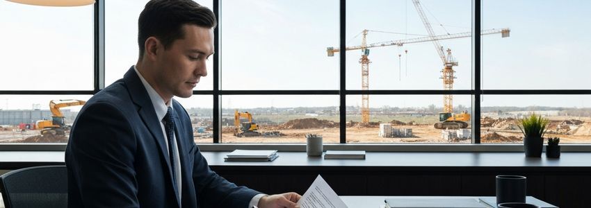 Business owner reviewing heavy equipment financing documents at office desk with construction site visible through window