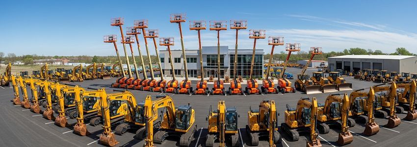 Heavy equipment rental yard with excavators and boom lifts