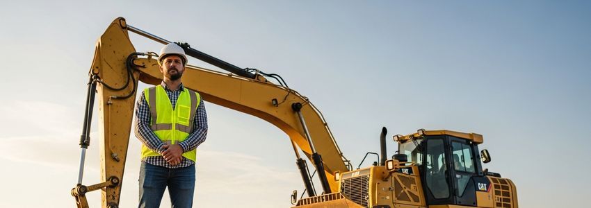 Business professional reviewing heavy machinery financing documents on a construction site with excavators visible in background