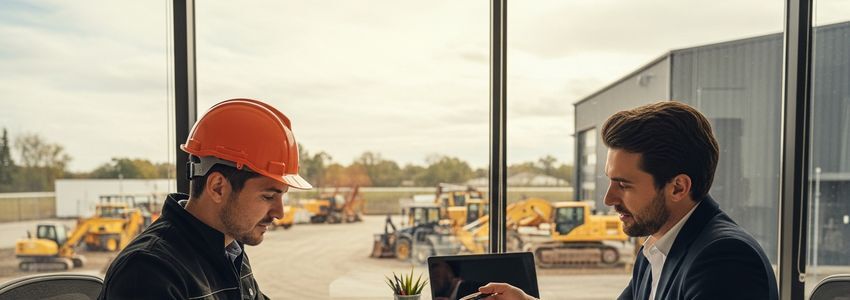 Business owner and financial advisor reviewing heavy machinery financing options with construction equipment visible through office window