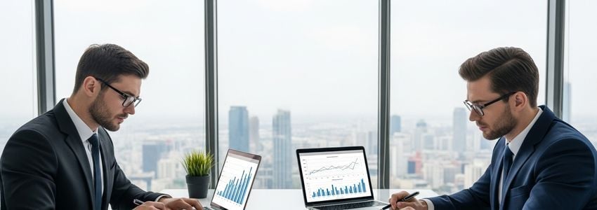 Hedge fund startup financing - professional investment firm office with traders reviewing financial data