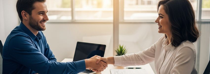 Small business owner and banker reviewing a HELOC financing agreement at a professional office desk