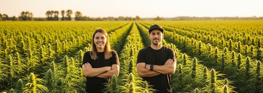 Hemp farm owners reviewing business financing options in a lush green hemp field