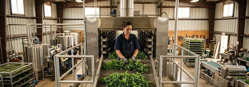 Herb processing facility worker loading fresh herbs into commercial drying equipment