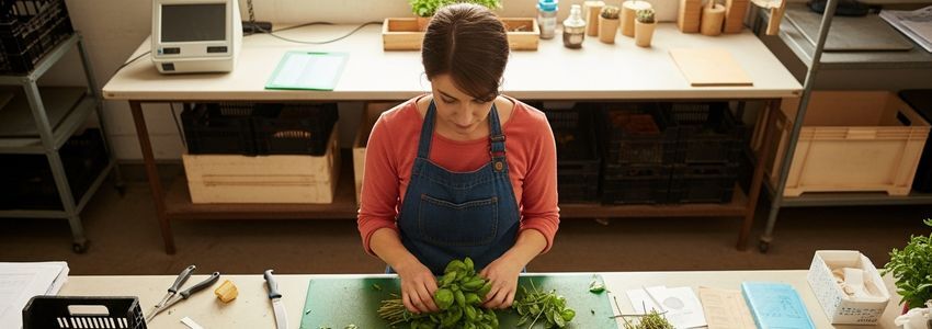 Commercial herb farm owner sorting and bundling fresh herbs at a packing station