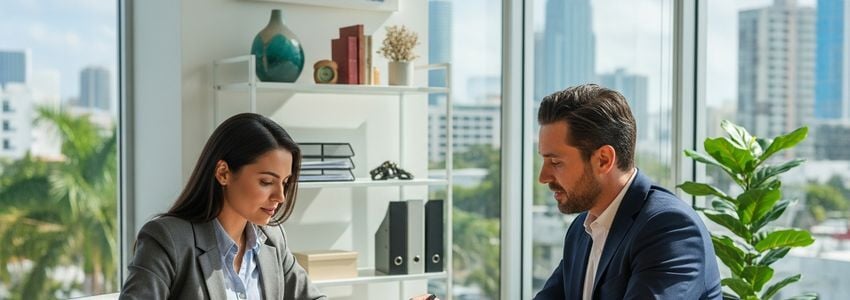 Hispanic small business owners reviewing loan options with a financial advisor in a Miami-area office