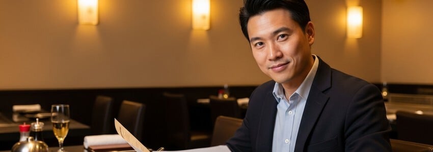 Restaurant owner reviewing financing documents at a hibachi restaurant