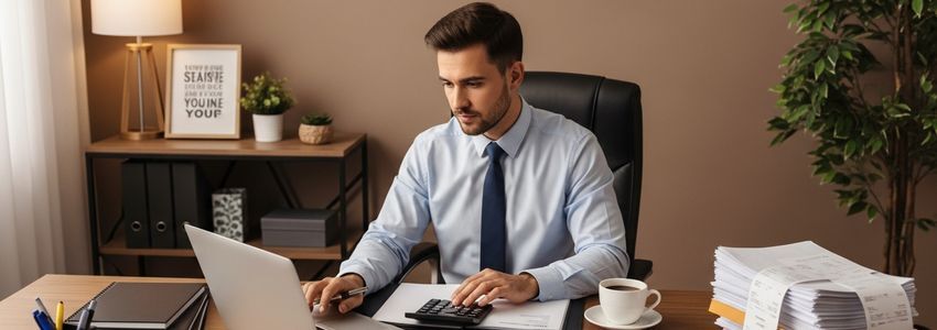 Business owner reviewing hidden startup costs and expenses at a desk with calculator and financial documents