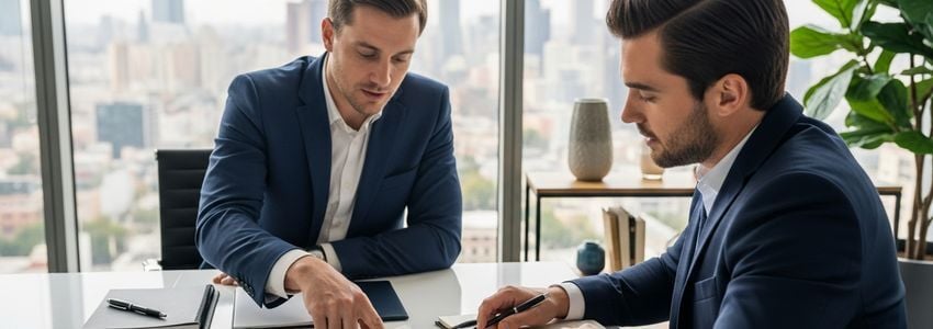 Financial advisor explaining hidden fees in business loan contract