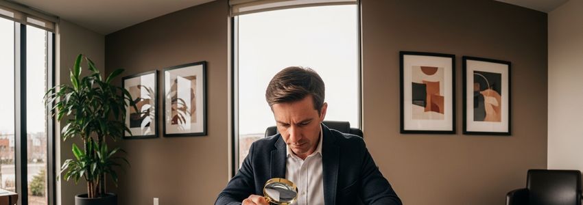 Business owner carefully reviewing loan contract fine print to spot hidden fees