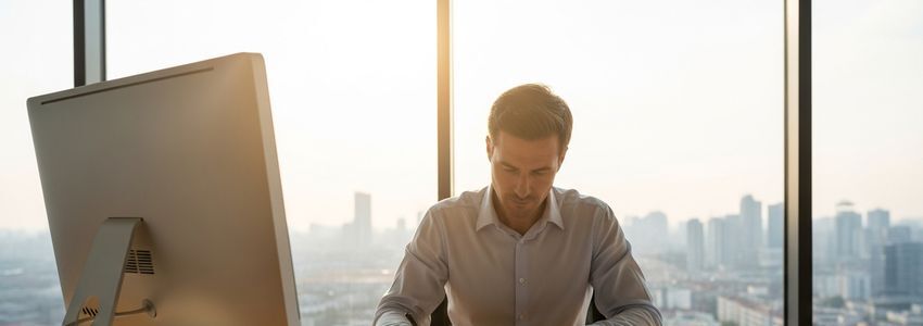 Business owner reviewing loan documents and financial statements in a professional office