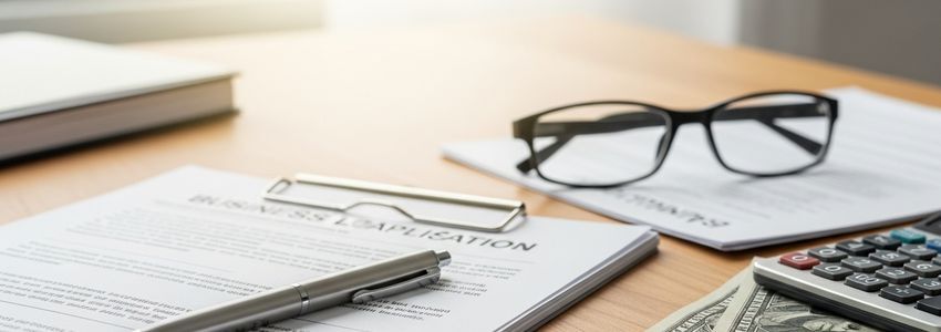 Small business owner reviewing loan application documents at office desk