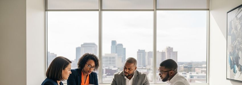 Small business professionals reviewing loan documents in a modern High Point, NC office