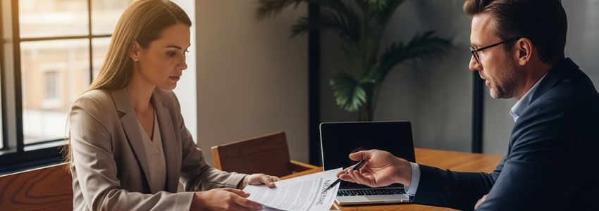 Business advisor and small business owner reviewing high-risk loan options at a conference table