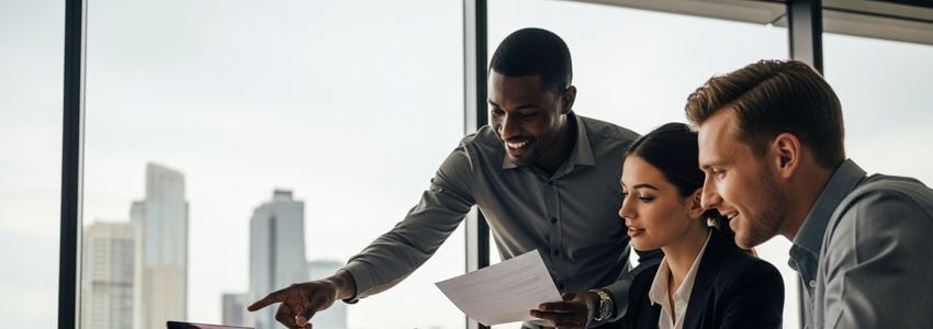 Business team reviewing hiring plans and financing options in a modern conference room