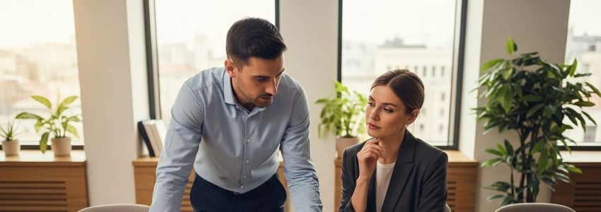 Business owner and HR manager reviewing hiring documents and loan applications in a professional office setting