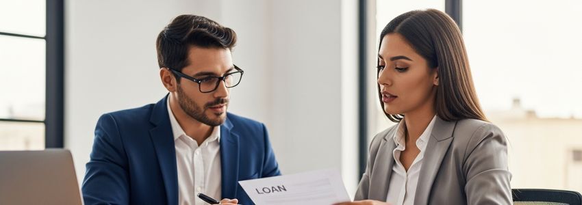 Two business professionals reviewing loan documents in a modern office - Hispanic business financing consultation